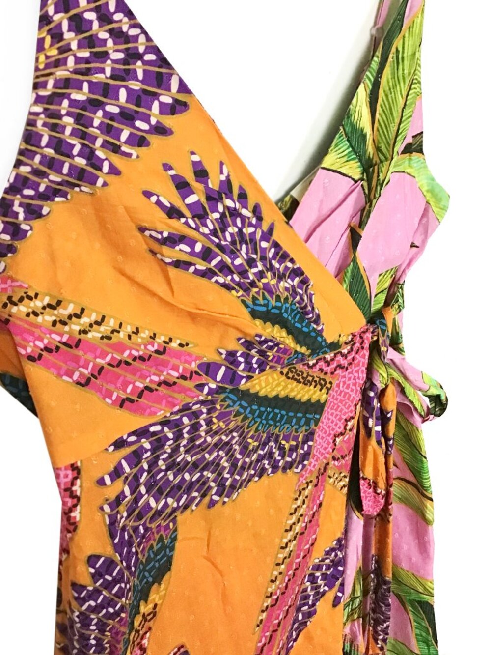 FARM RIO Mixed Prints Beaded Macaw Pink Foliage Midi Wrap Dress - Picture 4 of 15